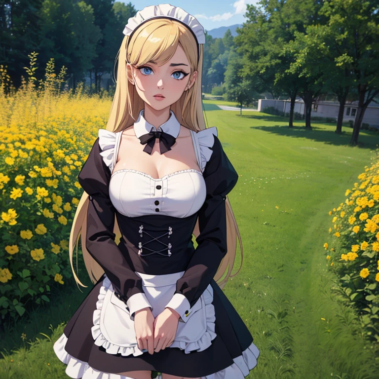 ((masterpiece)), ((best quality)), ((highres)), ((detailed background)), ((extremely detailed CG unity 8k wallpaper)), solo, shiona, blonde hair, long hair, blue eyes, hair tuft, cowboy shot, outdoors, ((maid outfit))