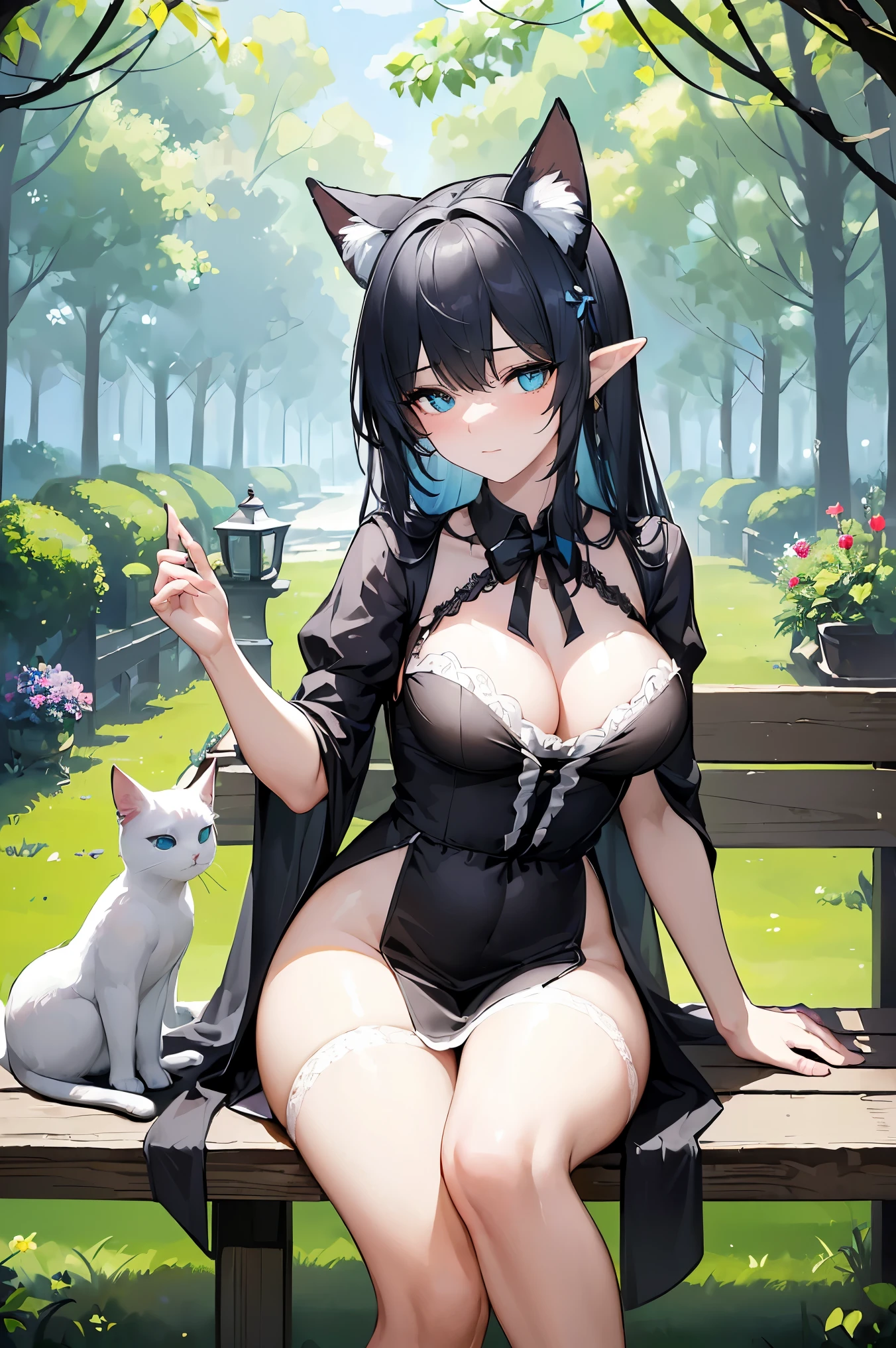 (((Best quality, 8k, Masterpiece: 1.3)), ((best quality)), ((masterpiece)), (detailed), perfect face, perfect body, (detailed skin:1.3), (intricate details),elf, pointed ears, A charming girl dressed as a maid with cat ears, gracefully playing in a lush garden filled with vibrant flowers. She is joyfully chasing a butterfly, her movements elegant and lively. The scene is bathed in soft sunlight, with gentle shadows cast by the trees. Her maid outfit is detailed with lace and ribbons, and her cat ears are fluffy and expressive. The butterfly is brightly colored, fluttering just out of her reach, adding a sense of playful motion to the scene. The background features blooming flowers, a wooden bench, and a stone path, creating a peaceful and enchanting atmosphere.