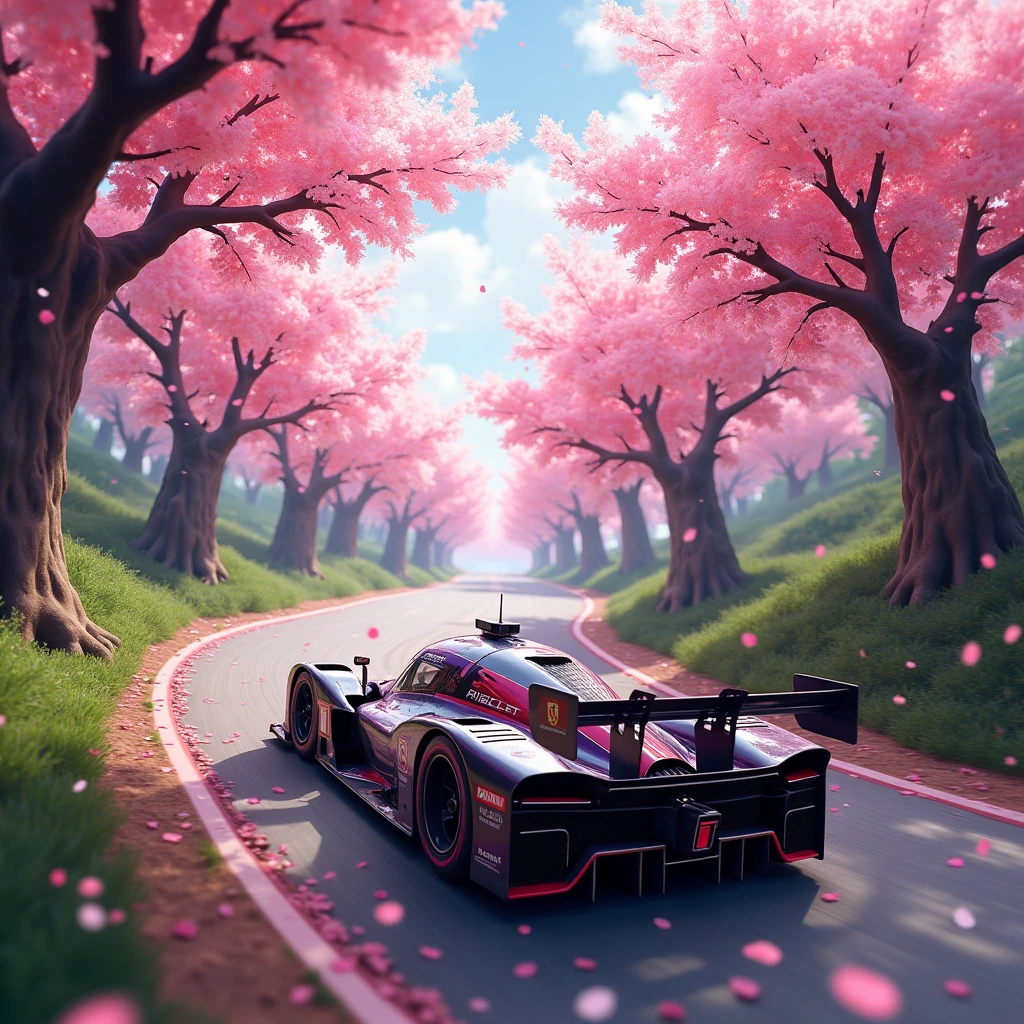 short rally car in the Rain of Petals, row of cherry trees with cherry blossoms in full bloom, side view