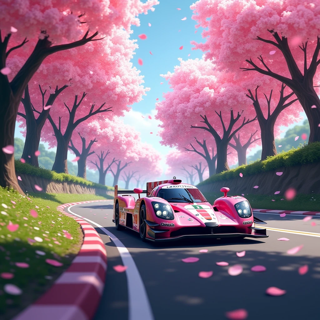 short rally car in the Rain of Petals, row of cherry trees with cherry blossoms in full bloom, side view