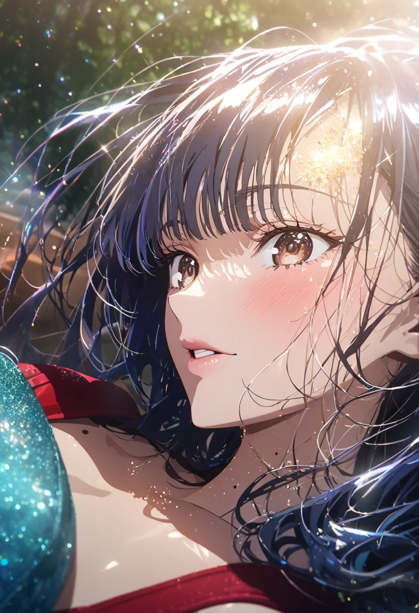 (Beautiful girl: 1.3),masterpiece,  ultra high resolution with forest background, Very high quality ,8k,best quality anime, super detailed eyes , GROWING SKIN,glitter effect, Beautiful Shiny Lips ,Anna Yamada,  Dark Blue Hair, Brown Eyes ,(Sharp Bob,bangs), side lock,Mole on neck,  red underwear, red bra, 1 girl, Blushing , I'm embarrassed ,I&#39;m in a hotel, lying on your back