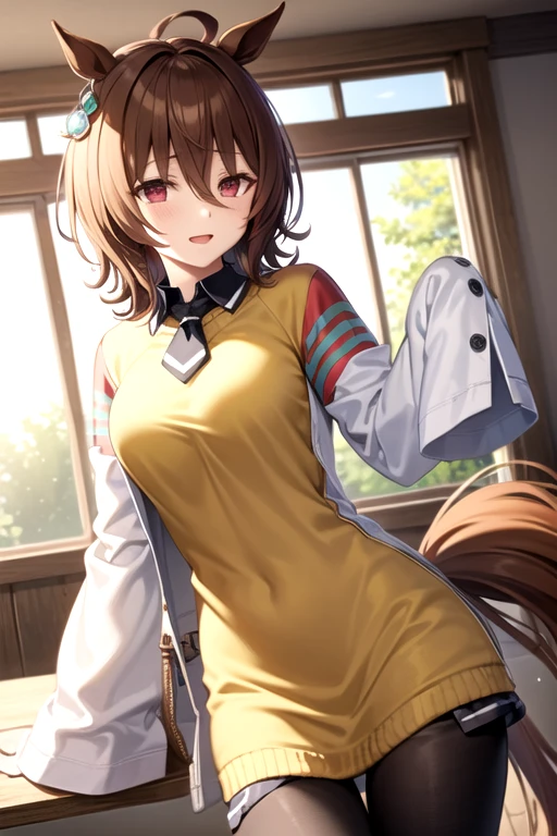  agnestachion、Horse Girl、 girl、一人の girl、Horse ears、Horse tail、 earring on one side 、Red eyes、 short hair、 brown hair、White、bigger sleeve than wrist 、 yellow big sweater 、 ties、 black pantyhose、Stray hair、best qualty,