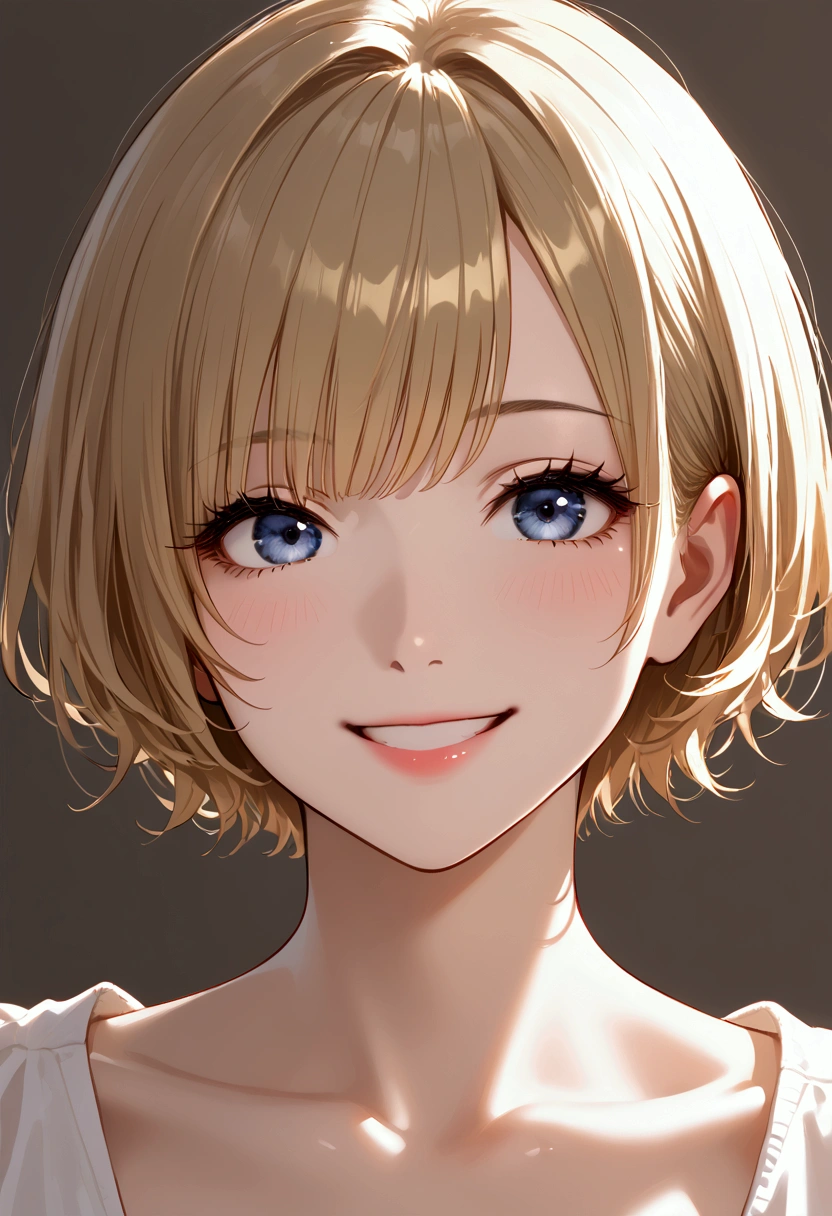 Girl, short blond hair , smile