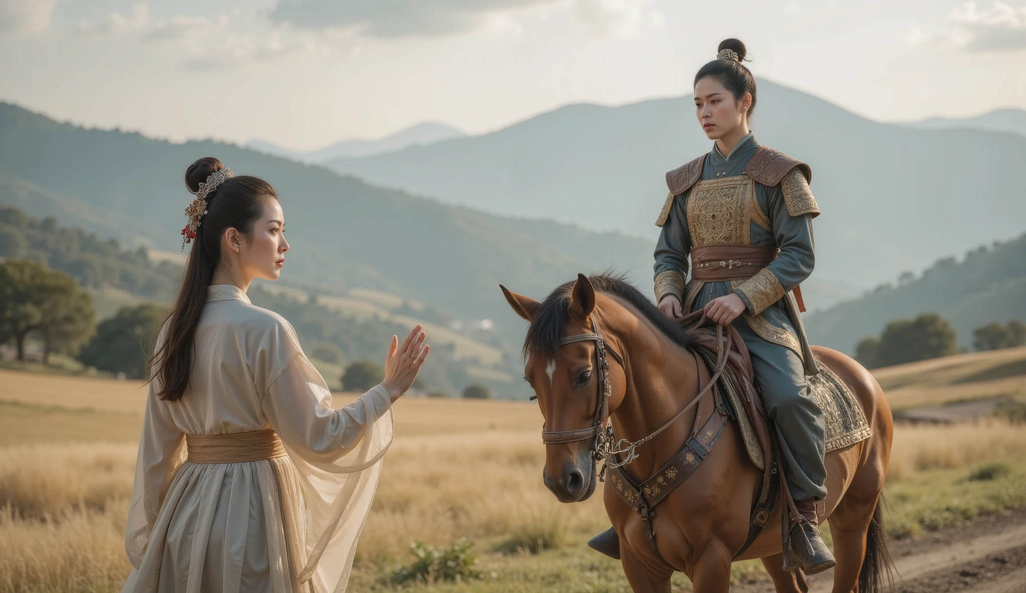 Tang Dynasty,Girl wearing Hanfu,男孩身披Tang Dynasty铠甲和(Leather Armor:1.1),,The boy rides a horse , and looks back at the girl , The eyes of the two are full of disappointment 。,Girl says goodbye with tears 。 and uses slow camera to capture the back of the boy leaving on horseback and the girl waving, to increase the feeling of separation 。