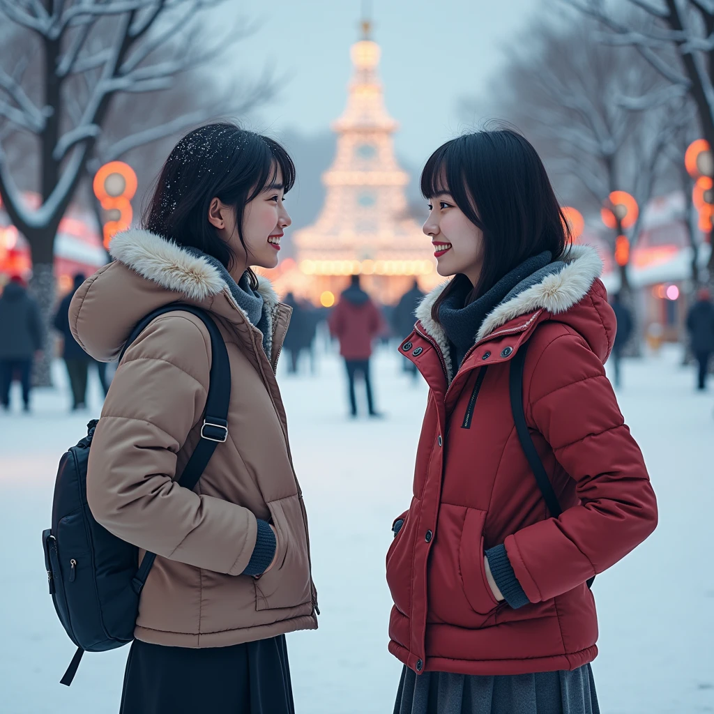 A woman wearing a white coat and a red checked scarf stands in the snow, Portrait of a Japan teenager, Short Hair, Portrait of a Japanese girl, A mix of anime style and Fujifilm, Cold but beautiful, inspired by Kaii Higashiyama, Torii Qing Yuan Works, Real anime, Soft Portrait Shot 8k、Full Body Shot、One hand in front of the chest