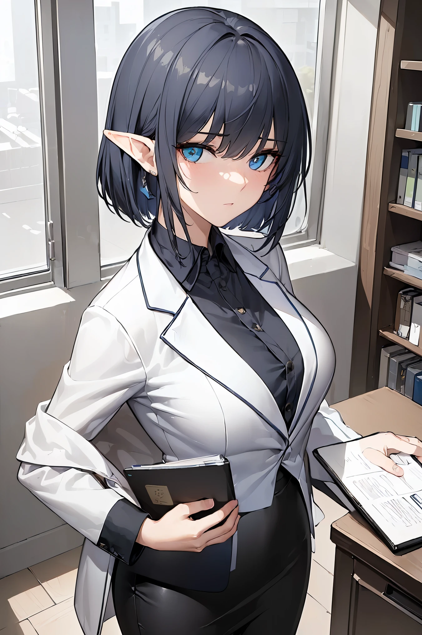 (((Best quality, 8k, Masterpiece: 1.3)), ((best quality)), ((masterpiece)), (detailed), perfect face, perfect body, (detailed skin:1.3), (intricate details),elf, pointed ears, A 35-year-old woman, recently appointed as a young university professor, exuding confidence and intelligence. She has sleek bob-cut hair, slightly wavy and neatly styled. She is dressed in a professional yet modern outfit: a tailored blazer, a crisp blouse, and slim trousers or a pencil skirt. She is standing in a bright and well-organized academic office with bookshelves filled with books and research papers, a laptop open on a wooden desk. Her expression is a mix of warmth and determination, holding a pen and notebook, as if preparing for a lecture or deep in thought about her next academic project. Sunlight streams through a nearby window, adding a soft, intellectual ambiance to the scene.