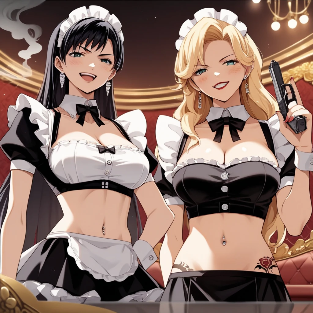 takahiro_style, 2girls, two girls, smirk, long hair, blush, lipstick, Hot girl, baddie, anime color, large breast,, smoking, sensual, attractive,jewelry, earrings, complex detailed background, casino environment, fancy interior environment, rich
interior, masterpiece, best quality, highly detailed, a anime girl in maid uniforms, holding pistol, maid
outfit, cleavage, evil smile, smile, open mouth ,ecchi anime style, anime girls, ecchi style, ecchi, digital
anime art!!, in anime style, official artwork, (nsfw) not safe for work, beautiful anime maid girl, anime
style 4 k, micro skirt, exposed belly, exposed navel, exposed midriff, exposed lower belly, holding a gun,, navel piercing, tattoo, rose tattoo, tattoo midriff,  shiny skin