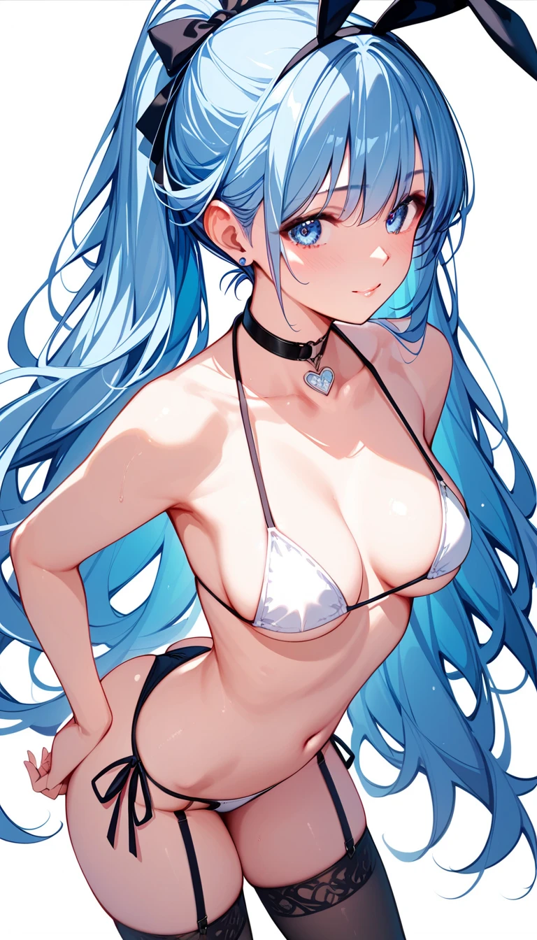 young girl，long  white hair，Blue eyes，Whole body diagram，opening，blue bikini，Pubic hair shows through，Naked all over the body，Eyes are confused