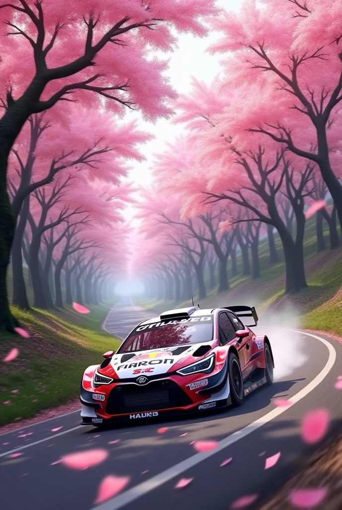 short rally car in the Rain of Petals, row of cherry trees with cherry blossoms in full bloom, side view