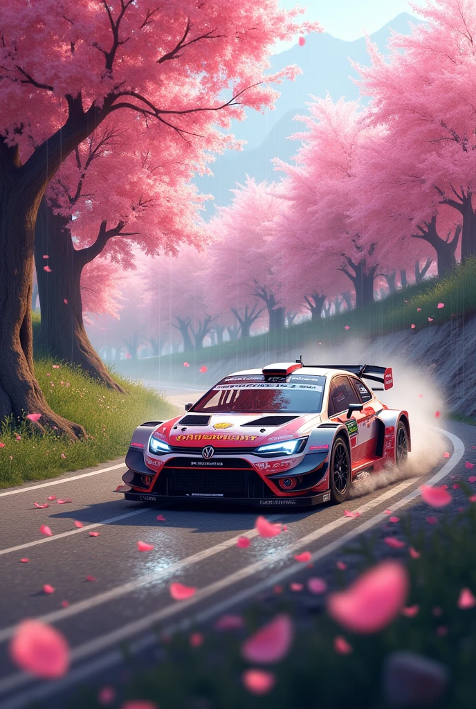 short rally car in the Rain of Petals, row of cherry trees with cherry blossoms in full bloom, side view