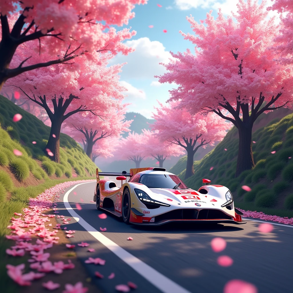 short rally car in the Rain of Petals, row of cherry trees with cherry blossoms in full bloom, side view