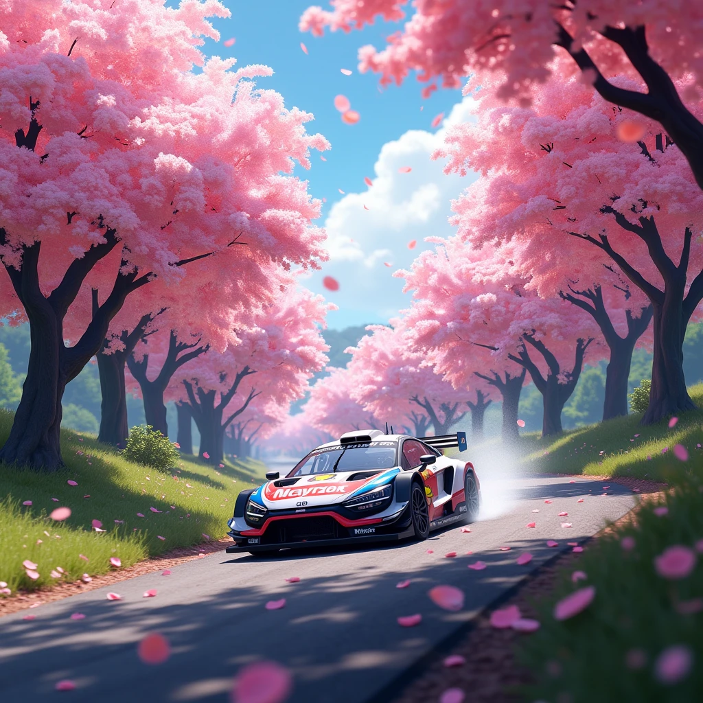 short rally car in the Rain of Petals, row of cherry trees with cherry blossoms in full bloom, side view