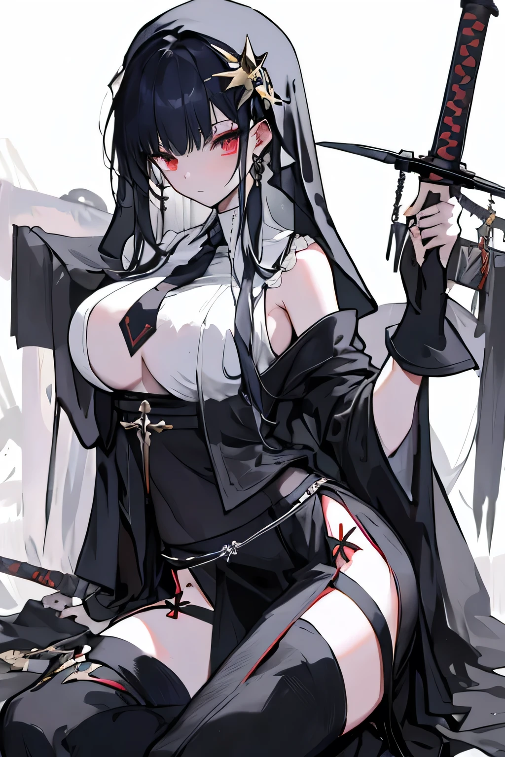 messy langerie and weapons on ground, fantasy girl, nun, decorated robe with large sideslit, mesh bodysuit, side tie panties, slit skirt, off-shoulder, (NSFW,:1.2),( slit skirt:1.4), castle saloon, long hair, thigh high boots, full breasts, {{large breasts}}, humiliated, shameful, embarrassed, glad, portrate, equip sword and shield,fc2ppv