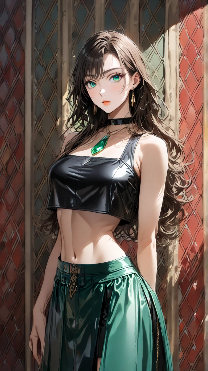 (obra de arte), Melhor qualidade, olhos expressivos, rosto perfeito, high resolution, (Feminino1.5), 1 garota, Sozinho (Roupa Original), (cicatriz,scar on the arm, Roupas branca1 garota, cabelo verde e preto), (longos cabelverde),(casaco branco),(black pants), Fundo de fantasia, standing, retrato da parte superior do corpo, olhando para o espectador,