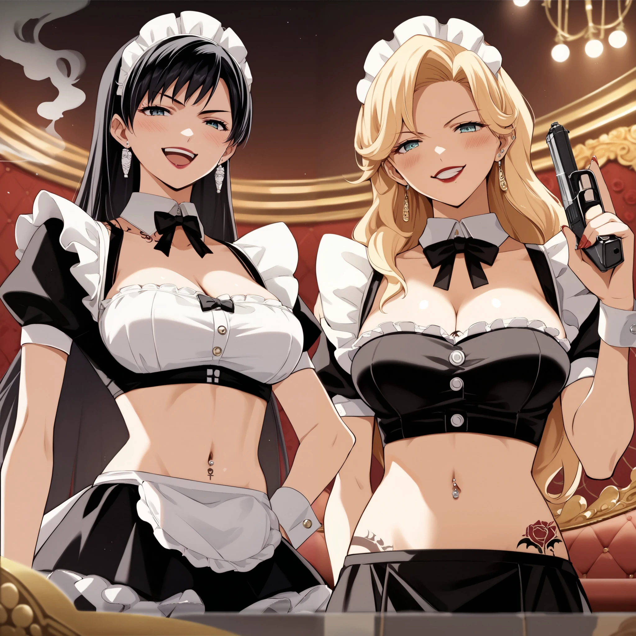  perfect anatomy, large breasts, 
2girl, two girl, long hair,long hair, gradient hair, jewelry, 
, choker, grin, bracelet,t, plaid, black choker, earring, jewelry, earrings, complex detailed background, casino environment, fancy interior environment, rich
interior, masterpiece, best quality, highly detailed, a anime girls in maid uniforms with a gun posing for a
picture, maid outfit, cleavage, evil smile, smile, open mouth ,ecchi anime style, anime girls, ecchi style,
ecchi, digital anime art!!, in anime style, official artwork, (nsfw) not safe for work, beautiful anime maid
girl, anime style 4 k, micro skirt, exposed belly, exposed navel, exposed midriff, exposed lower belly,
holding a gun