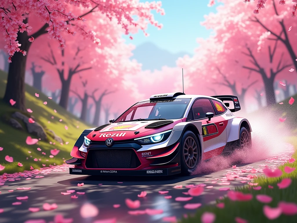 short rally car in the Rain of Petals, row of cherry trees with cherry blossoms in full bloom, side view