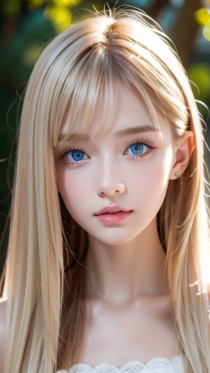  High Quality , 最 High Quality , photo- realistic, Original photo,  realistic, ultra  realistic 8k cg,  super detailed,  high definition , masterpiece, 1 Girl,  long hair, Natural platinum blonde hair,  Big, Extremely Bright, and Vivid Ice Blue Eyes, Face and eye details, Innocent hood First 々 Extraordinary Beautiful Girl with an Extraordinary Face 、 complex details, Fine texture ,  in fine detail,Very white and bright skin、Small Face Beauty、round face、 Cheek Gloss Highlights 、bangs, Blonde, とても long hair,  hair to hide one eye,  shiny hair, Straight Hair, Hair in the eyes, Too much hair, 