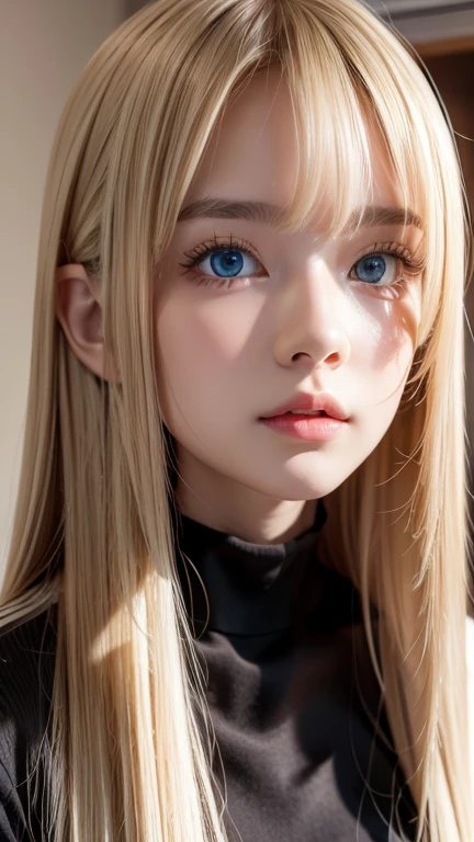  High Quality , 最 High Quality , photo- realistic, Original photo,  realistic, ultra  realistic 8k cg,  super detailed,  high definition , masterpiece, 1 Girl,  long hair, Natural platinum blonde hair,  Big, Extremely Bright, and Vivid Ice Blue Eyes, Face and eye details, Innocent hood First 々 Extraordinary Beautiful Girl with an Extraordinary Face 、 complex details, Fine texture ,  in fine detail,Very white and bright skin、Small Face Beauty、round face、 Cheek Gloss Highlights 、bangs, Blonde, とても long hair,  hair to hide one eye,  shiny hair, Straight Hair, Hair in the eyes, Too much hair, 