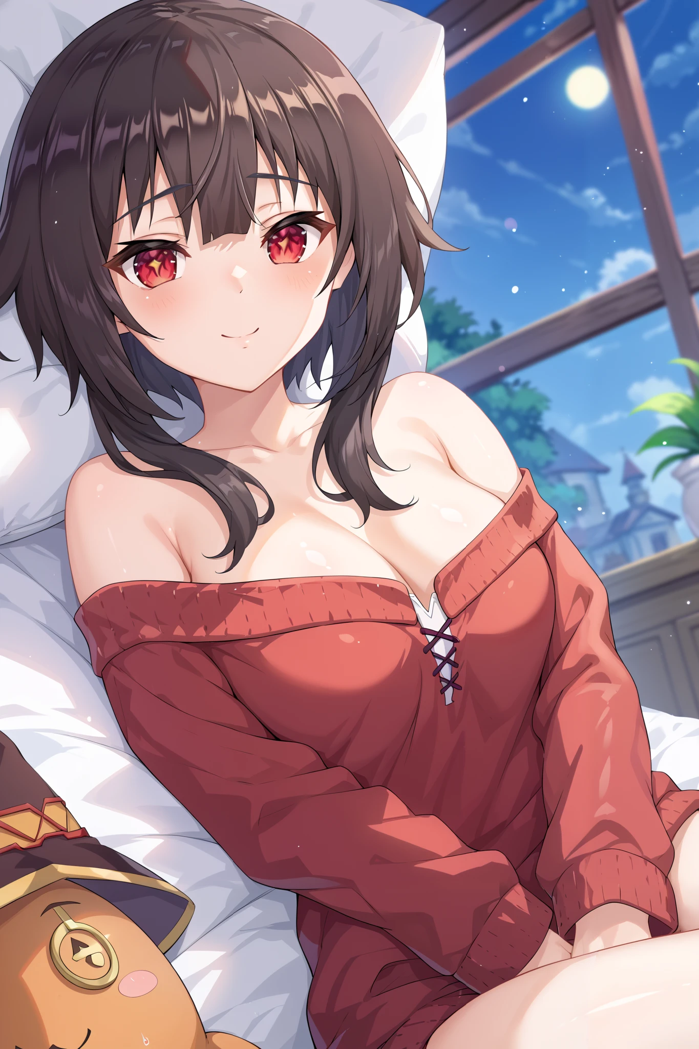 NSFW,masterpiece, best quality, high definition , Very detailed,Megumin\( bless this wonderful world\), short hair、 black hair、Red Eye、 side lock、 long rock,Night Inn , bedroom