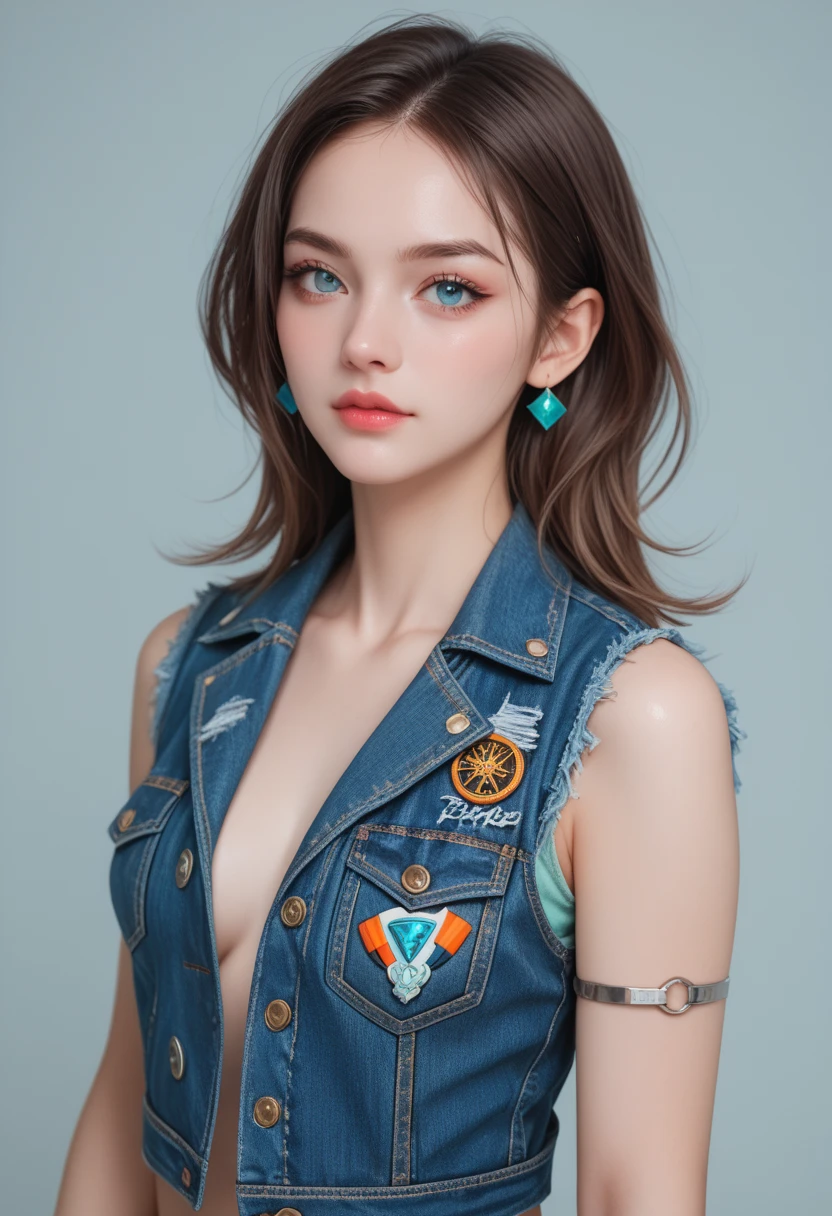 nude fierce artist with medium-length teal locs adorned with silver rings, dressed in a distressed denim vest covered in bold patches and vibrant pins, medium breasts