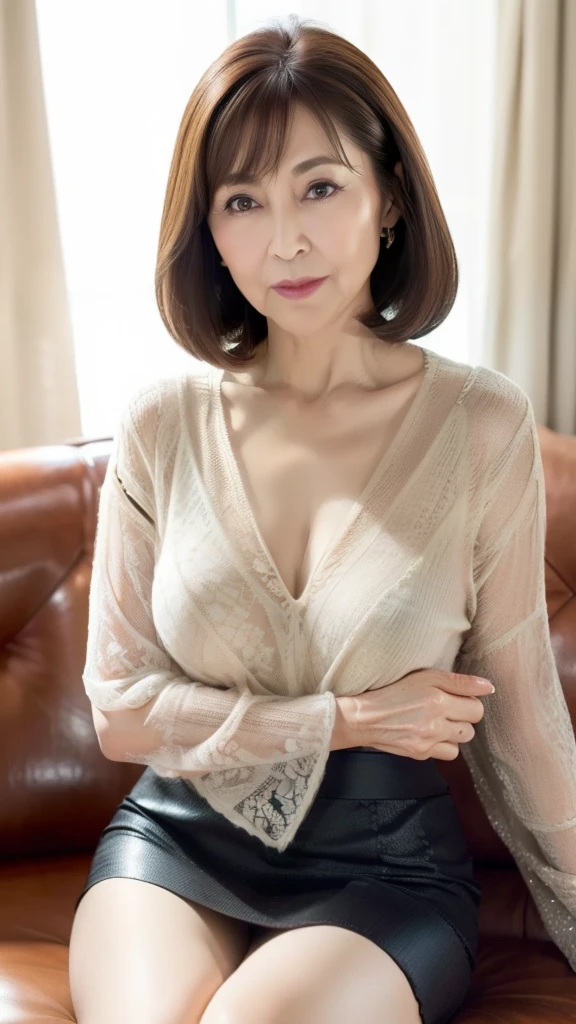 High image quality,High image quality, attention to detail , masterpiece,(An aging body), anatomically accurate , sharp, (( Japanese:1.1)),((Mature Woman)),(80 years old:1.6),(Wrinkles around the eyes), brown hair,( straight long hair:1.3), bangs,((( sitting on sofa  ))),Be in the center of the screen ,Looking ahead to the photographer,( deep v-neck sheer knit blouse  :1.4),( tight skirt :1.2),(Thighs:1.1),I'm in the cabaret,( serious expressions:1.2),(old woman:1.5),Hostess at the End of the Streets:1.3,Narrow Face,sharpcontour,