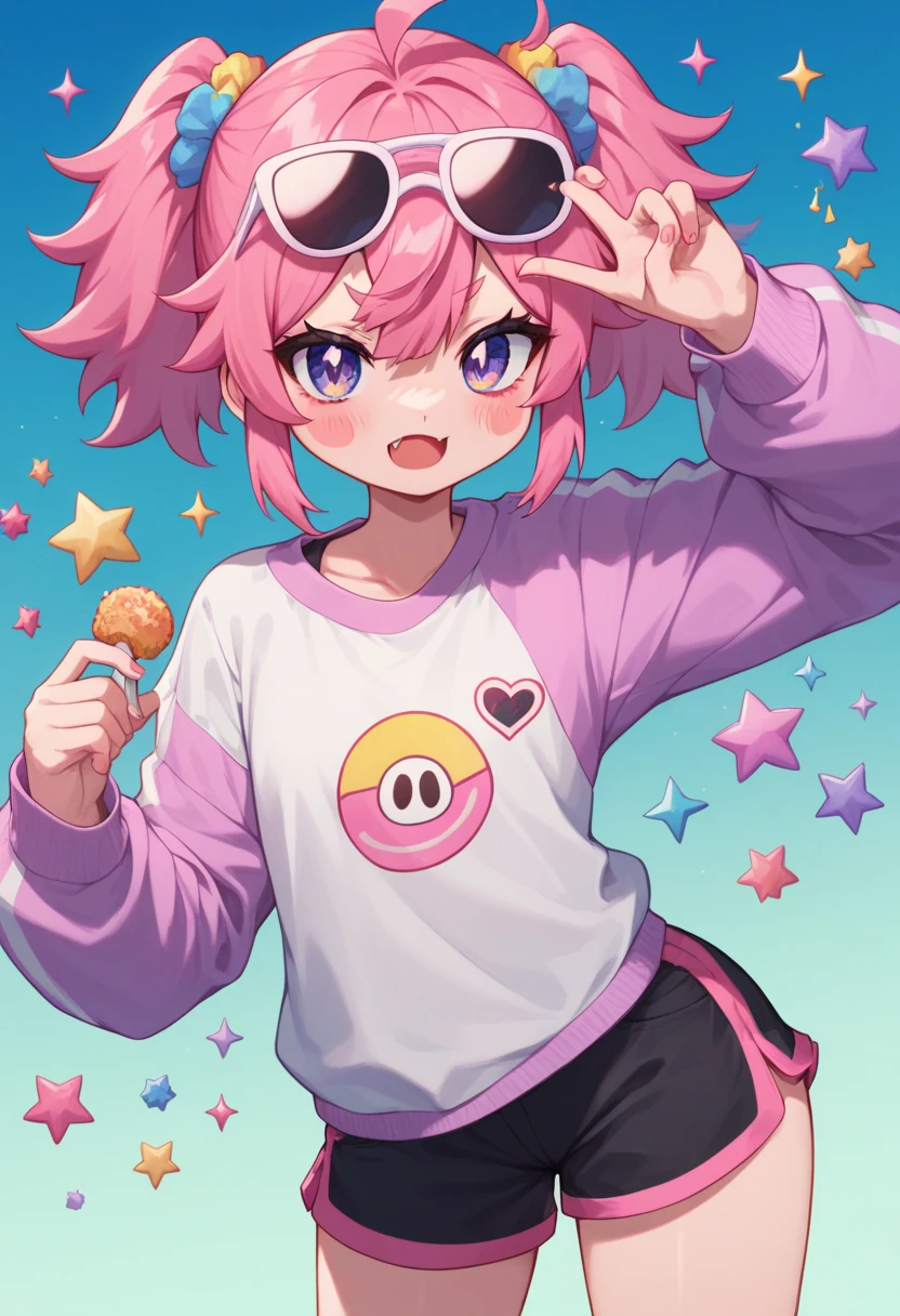 Score_9,score_8_up,score_7_up, muse_style, 1girl, solo,  mesugaki,:3,bunches,curvy,looking at viewer,blush stickers,colored sclera,pink hair,fang out,sports sunglasses,loose clothes,shorts,sprinkles,happiny,cartoonized,graffiti,pink theme,gradient background,