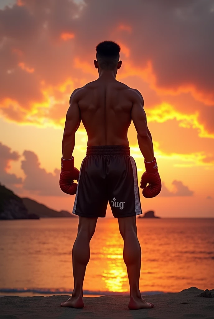 A teen boxer standing at a clif  in the sun set ready for training , graphic art 4k