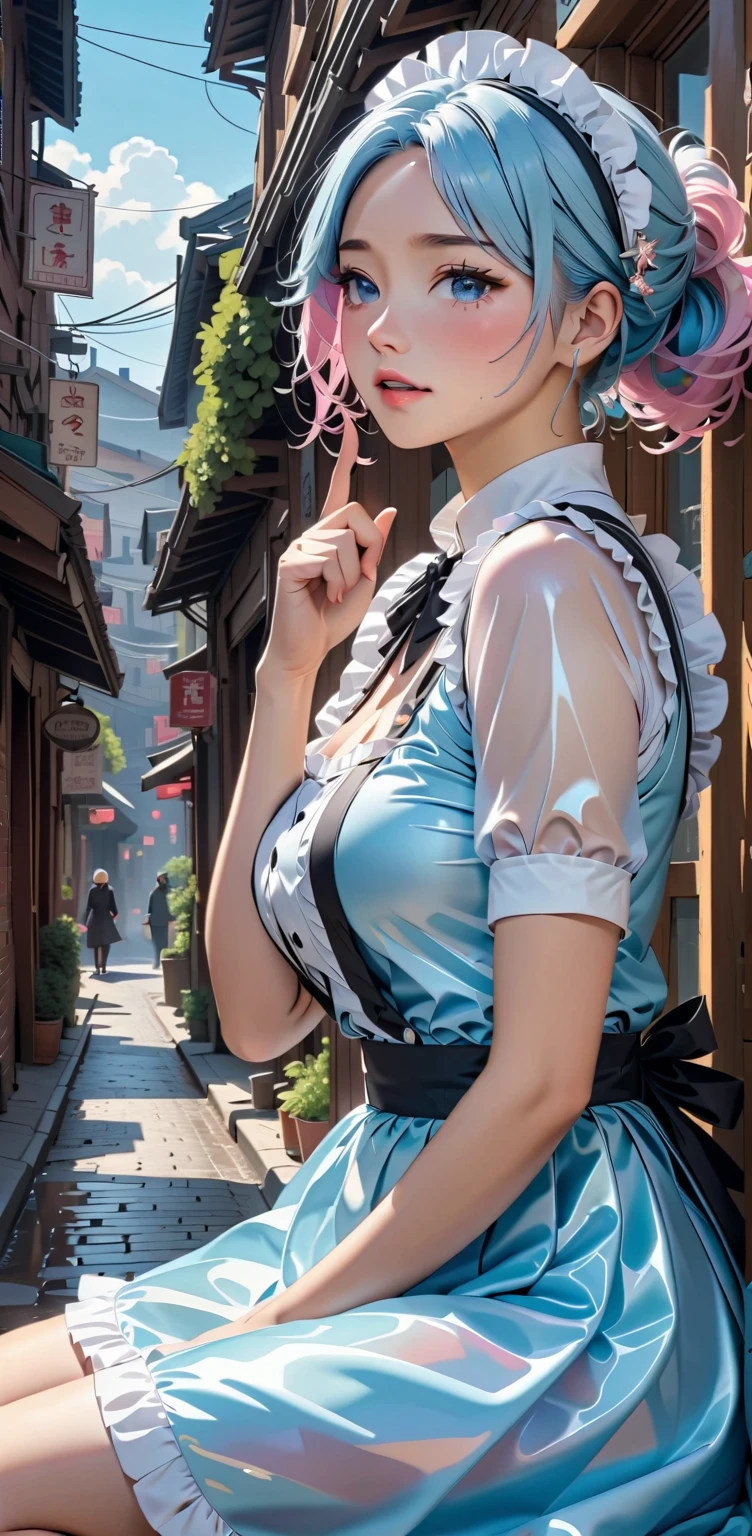 very low angle, full bodyesbian (8K, RAW photo, Highest quality, Masterpiece), High Detail RAW Color Photo Professional Close Photo, (Realism, Photo realism:1.4), (Highest quality), (Best shadow), (Best Illustration),Surreal face, Blue eyes, Girl with long neon green hair, Lolita Costume Outfit, Tokyo at night, neonlight, Neon pink, neon blue, Neon lime green,