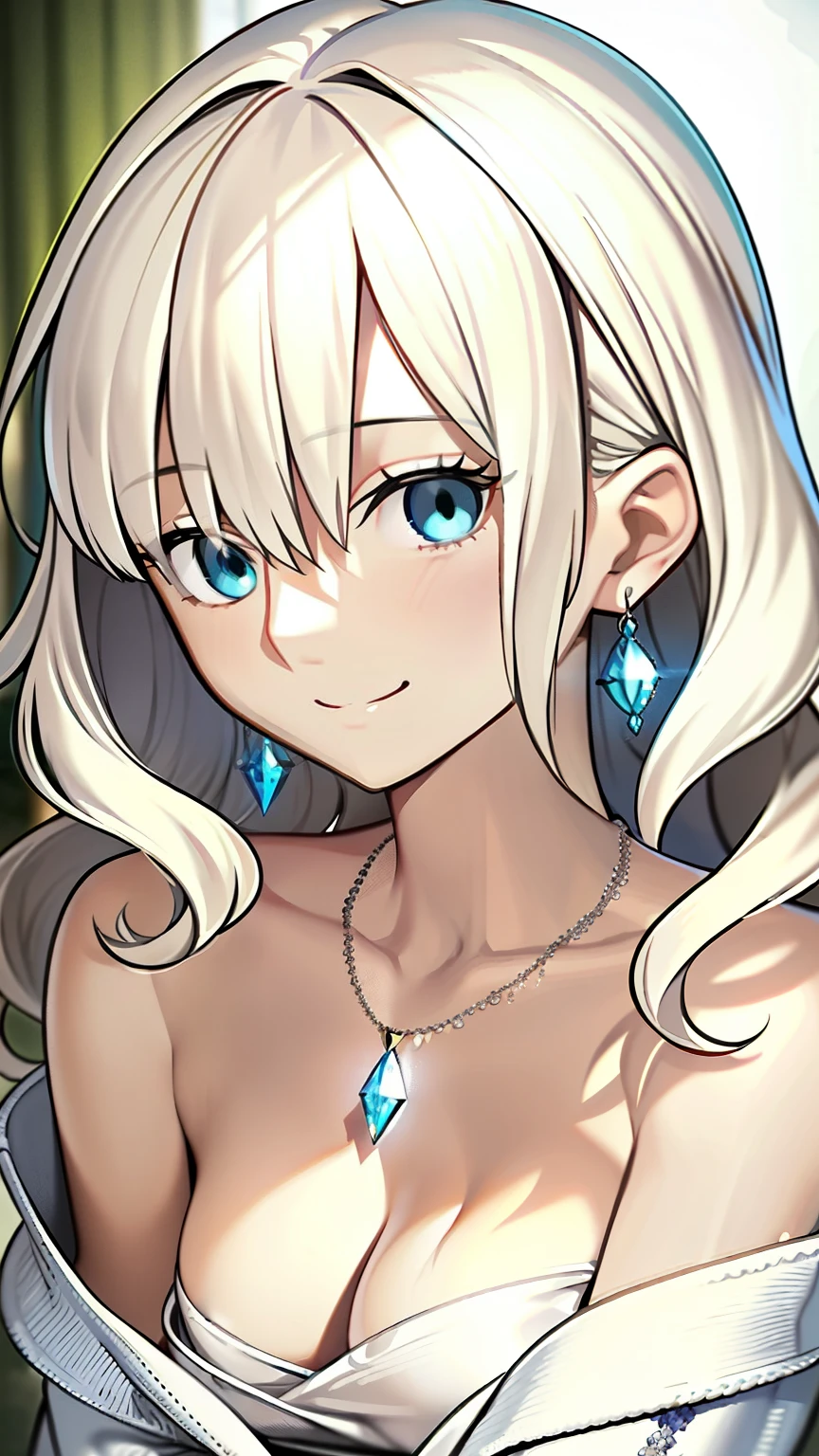  platinum blonde、 adult woman、hair band for wavy hair、Mysterious smile、 earrings for a woman alone、A bracelet、 Necklace 、 off-shoulder knit 、 tyndall effect 、 Very Beautiful 、 small breasts、細身の体。