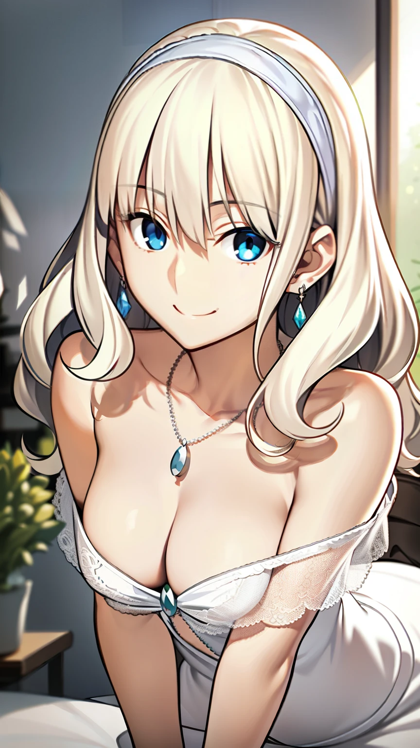  platinum blonde、 adult woman、hair band for wavy hair、Mysterious smile、 earrings for a woman alone、A bracelet、 Necklace 、 off-shoulder knit 、 tyndall effect 、 Very Beautiful 、 small breasts、細身の体。