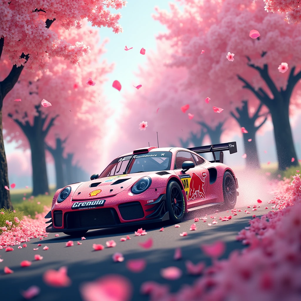 short rally car in the Rain of Petals, row of cherry trees with cherry blossoms in full bloom, side view