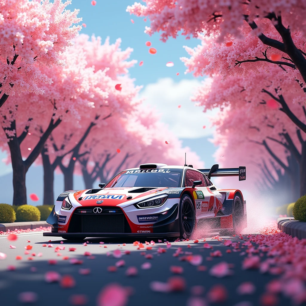 short rally car in the Rain of Petals, row of cherry trees with cherry blossoms in full bloom, side view