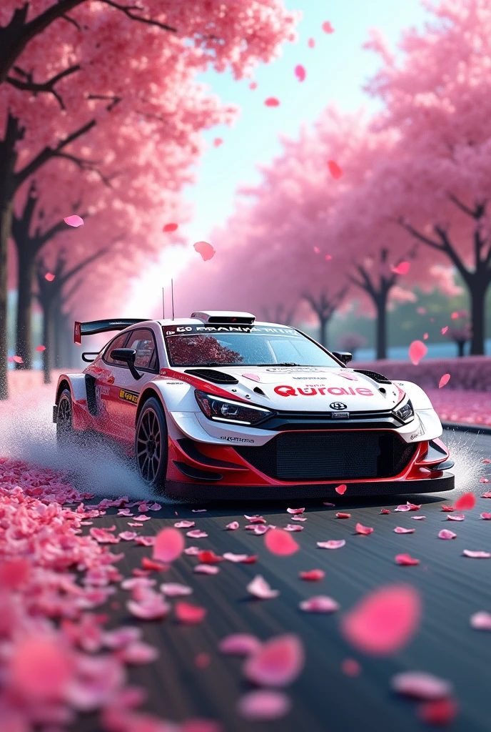 short rally car in the Rain of Petals, row of cherry trees with cherry blossoms in full bloom, side view