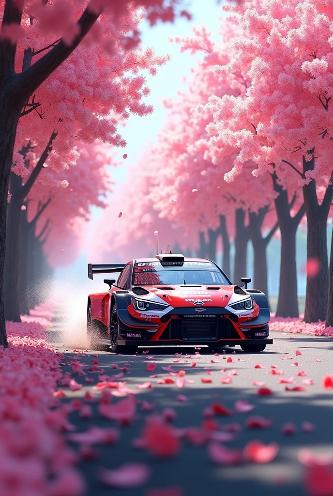 short rally car in the Rain of Petals, row of cherry trees with cherry blossoms in full bloom, side view