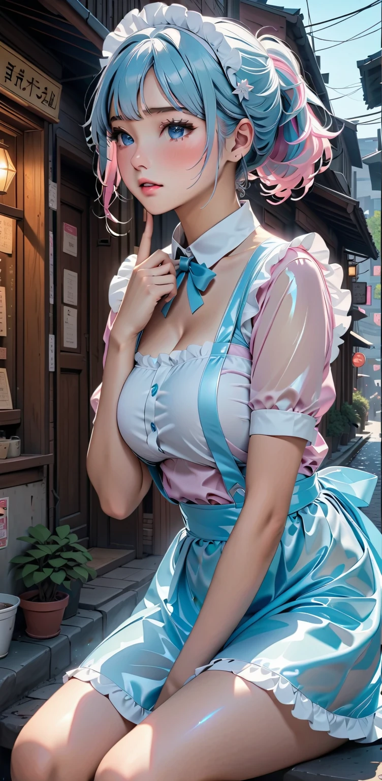 (Photorealistic:1.8, highest quality:1.8,8K masterpiece:1.8,High resolution,Mastepiece:1.8,RAW Photos,Cinematic lighting),No split screen、morning、maid Cafe、(A female store clerk wearing a maid outfit:1.5)、(Soryu Asuka Langley)、
(Completely naked、choker、Medium chest、mini skirt、Wide open chest、Beautiful thighs、Plump nipples)、
(Beautiful and shining red, blue, white, brown, silver, pink hair:1.5)、Sparkling Blue Eyes、looks fun、Smile、holding a coffee cup、Random Pause、Random Angle