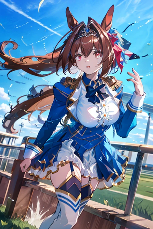 Daiwa Scarlet \(Horse Girl\), red eyes, bow, red bow,  tiara , Epaulettes, Fluffy long sleeves, juliet sleeves, black bowtie,  white shirt, Bust,  blue jacket ,  blue dress , center frills,  underbust pose,  layered skirt,  garter belt,  white high socks,  white shoes ,  absurd,  high definition , ( Official Art, beautiful、And aesthetic :1.4),  ultra detail, Aerial, beautiful人,  Sprint Course ,  horizon , glass, guardrail, walk short distance, inspiration, (Betting Ticket :1.3) (Wind effects:1.2),