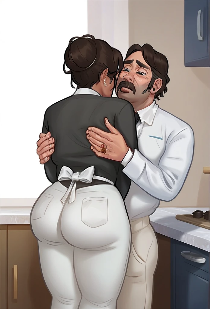 Morgan, Fat old man. with blond hair,  wearing a white suit , white pants. com Melani. Mexican woman, Dark skin, chubby,  wearing maid clothes. in the kitchen.  Sad expression . Morgan is groping Melani's ass. 