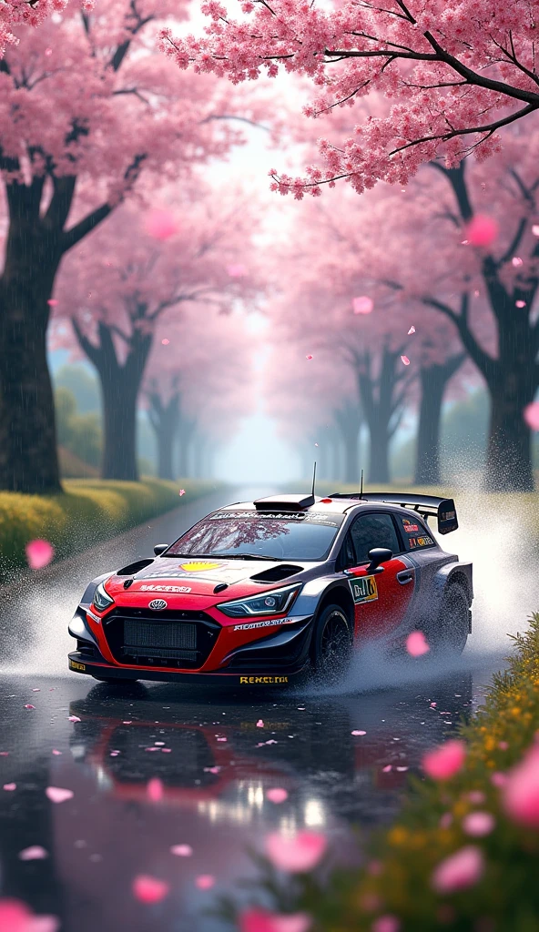 short rally car in the Rain of Petals, row of cherry trees with cherry blossoms in full bloom, side view