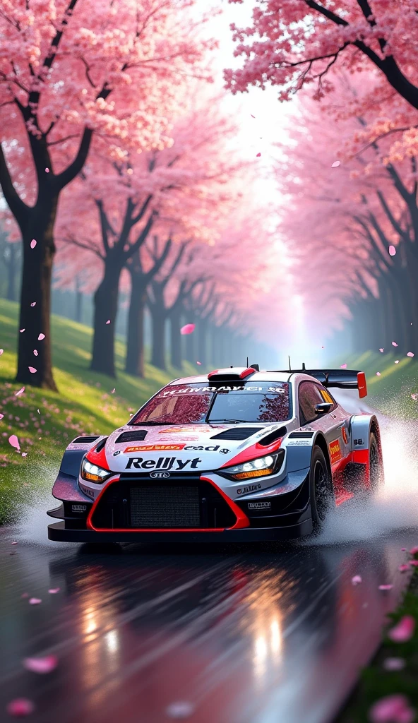 short rally car in the Rain of Petals, row of cherry trees with cherry blossoms in full bloom, side view