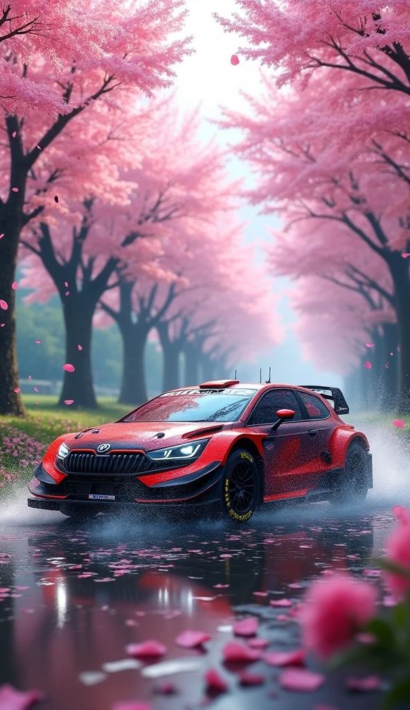 short rally car in the Rain of Petals, row of cherry trees with cherry blossoms in full bloom, side view