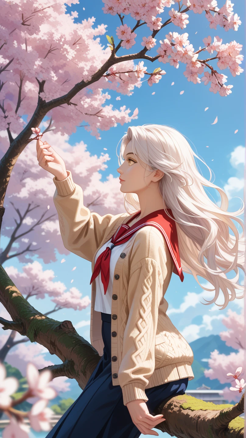  1 girl,  high definition , Alone, ( long hair_ pure white straight hair),   Looking into the Distance ，sitting on a branch of a tree ，Fluttering Hair， yellow gold eyes , mature,(profile,_Dark look),（ red sailor suit，Wearing a cardigan，mairimashita irumakun  ）,View from the outside, There is a lot of white space, Proximity Method,  eye level shot , Movement illustration,  Proximity Method,background(Cherry blossoms are dancing_Cherry blossoms all around ) best quality, accurate, masterpiece, Impressionism,  Proximity Method, Overlooking, The girl is familiar with the scenery