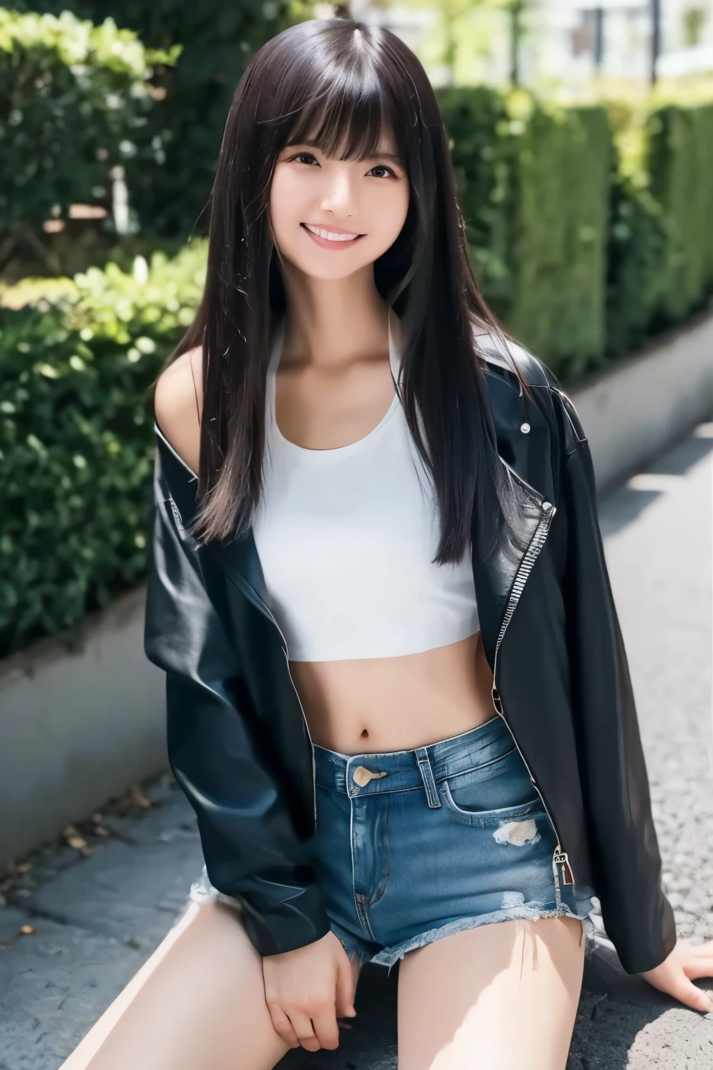 black hair、 straight hair、With bangs、 and smiles 、Beautiful breasts、 slim body、 black jacket 、white tank top inside 、 blue denim shorts、brown knee-high boots 、 with both hands on thighs