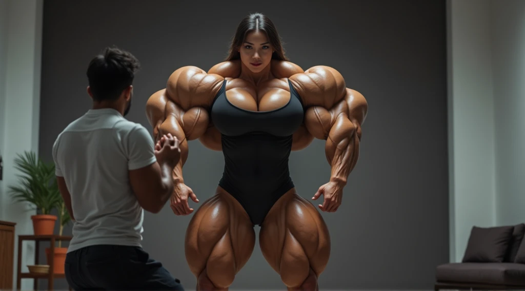 (1 girl:1.25), (megan foxl:1.25), (naked:1.25), (muscular bodybuilder girl physique:1.25), (huge veiny breasts:1.25), black hair, yellow eyes, very long hair, tall, pale skin, (full body), (solo)