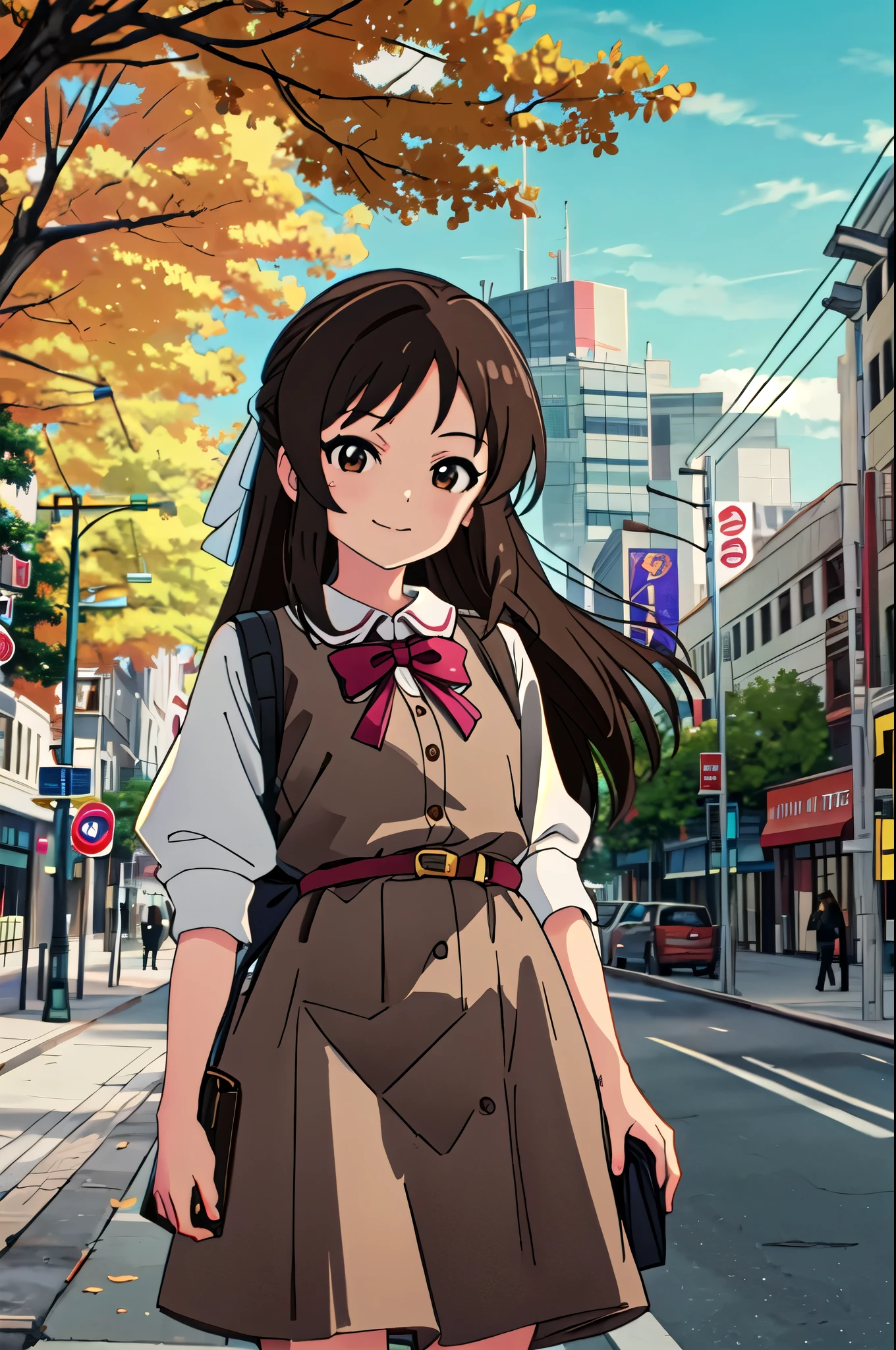  best quality, masterpiece,  high definition , Alone, {Tachibana__theidolmastercinderellagirlsu149:1.15}, brown_hair, length_hair, brown_eye, bow, hair_bow,  upper with t_body, green_bow, closure_mouth, 前hair,  1 girl, car, ground_car両, Watching_in_ viewer, motor_car両, smile, Alone_concentrated, Outdoor, photograph_background, throw, throw_hand, green_ dress, Blur, road, short_sleeve