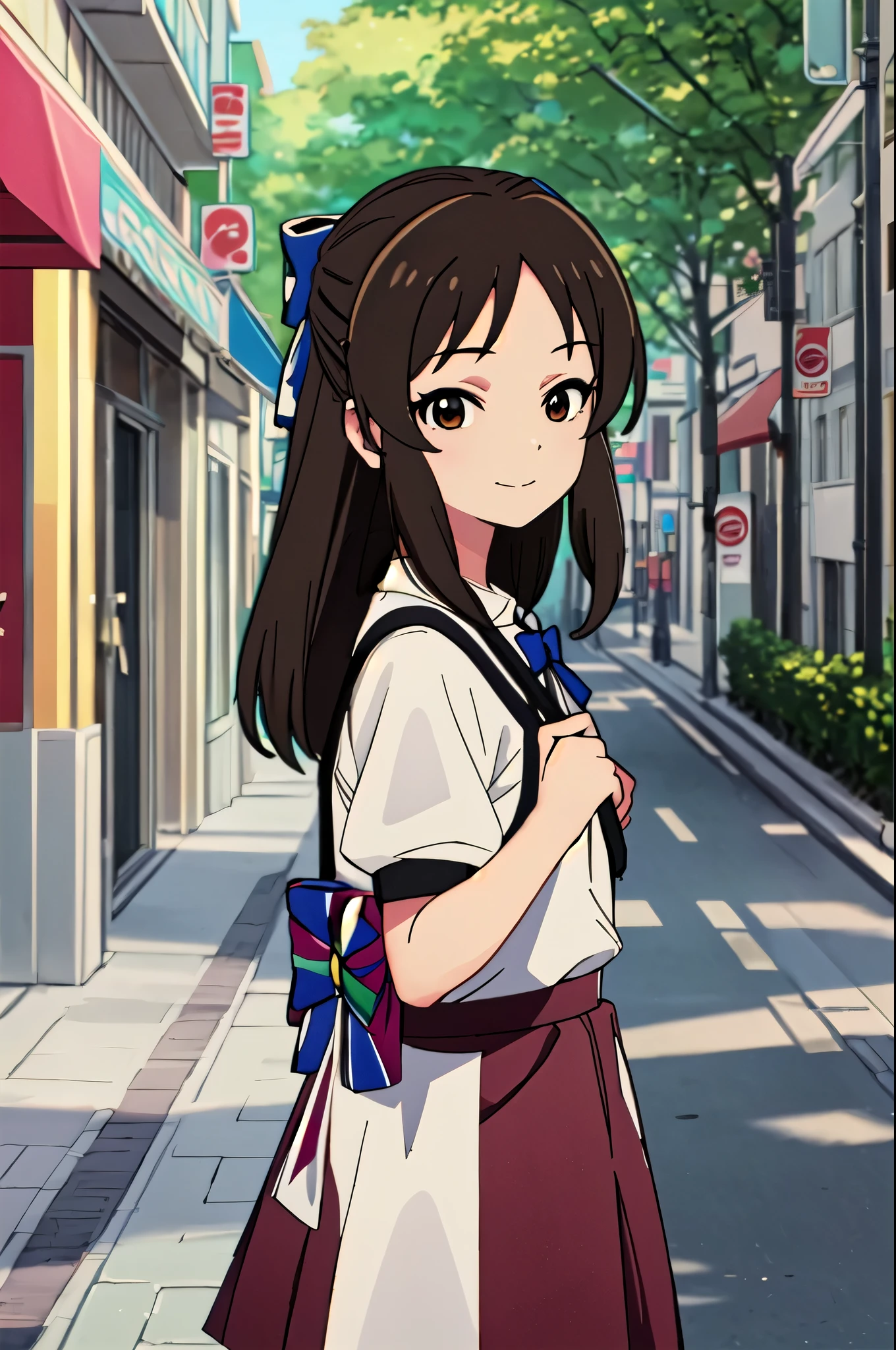  best quality, masterpiece,  high definition , Alone, {Tachibana__theidolmastercinderellagirlsu149:1.15}, brown_hair, length_hair, brown_eye, bow, hair_bow,  upper with t_body, green_bow, closure_mouth, 前hair,  1 girl, car, ground_car両, Watching_in_ viewer, motor_car両, smile, Alone_concentrated, Outdoor, photograph_background, throw, throw_hand, green_ dress, Blur, road, short_sleeve