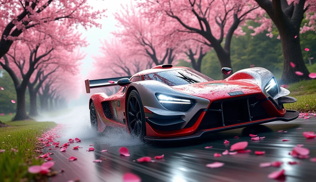 short rally car in the Rain of Petals, row of cherry trees with cherry blossoms in full bloom, side view