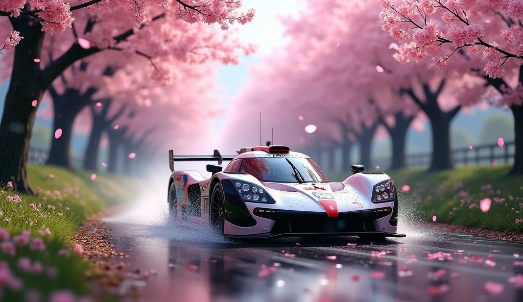 short rally car in the Rain of Petals, row of cherry trees with cherry blossoms in full bloom, side view