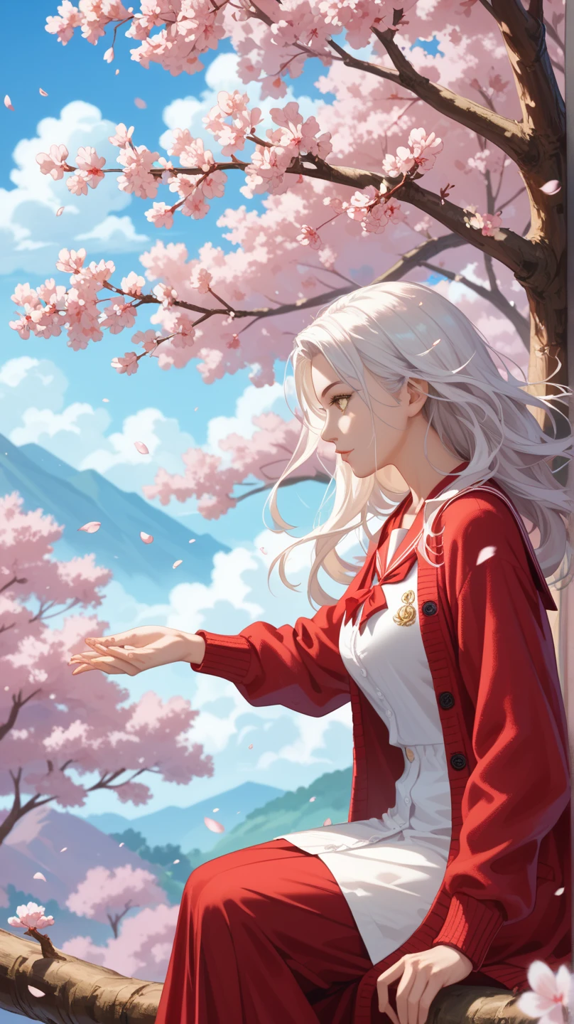  1 girl,  high definition , Alone, ( long hair_ pure white straight hair),   Looking into the Distance ，sitting on a branch of a tree ，Fluttering Hair， yellow gold eyes , mature,(profile,_Dark look),（ red sailor suit，Wearing a cardigan，mairimashita irumakun  ）,View from the outside, There is a lot of white space, Proximity Method,  eye level shot , Movement illustration,  Proximity Method,background(Cherry blossoms are dancing_Cherry blossoms all around ) best quality, accurate, masterpiece, Impressionism,  Proximity Method, Overlooking, The girl is familiar with the scenery