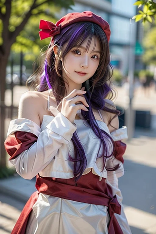 A woman with purple hair wearing a red dress and a purple hat poses for a photo, anime cosplay, Cosplayer, anime girl cosplay, Cosplay Photo,  looking at the camera、Detailed and beautiful eyes、 cute smile、 soft and gentle expression 