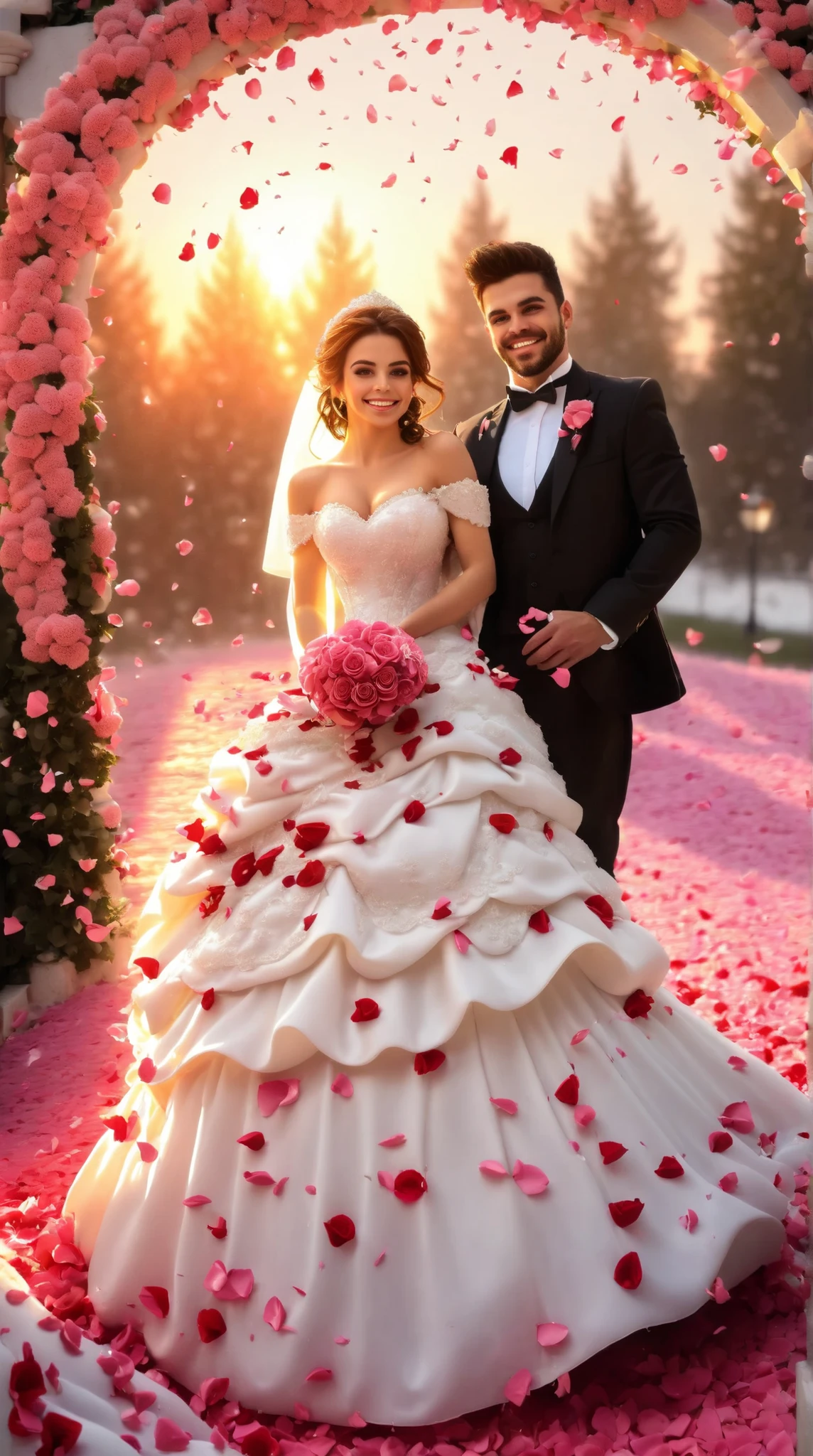 8k, photo, a bride, grin, standing, gloves, (falling roses petals all around her:1.5), sunset, high resolution, masterpiece